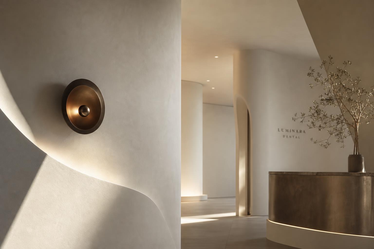 Architectural interior of a serene luxury dental clinic with sculptural light