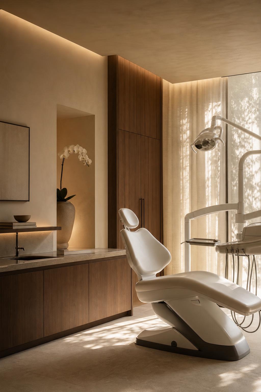 Editorial photograph of a serene luxury dental clinic interior